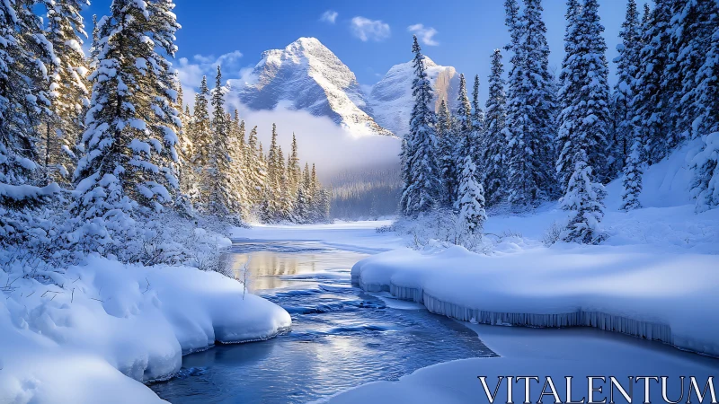 Whispering blue river beneath a snow crowned mountain hush.
