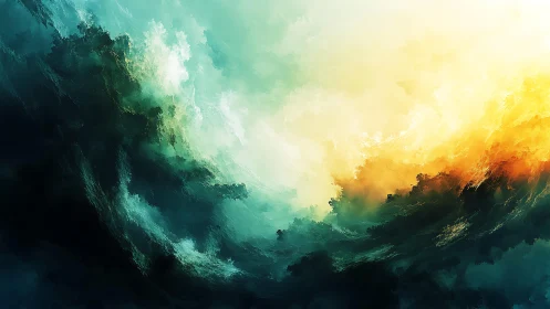 Abstract swirling clouds in teal and gold, digital painting style.