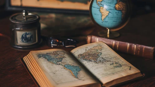 Antique atlas and globe arranged in warm archival lighting