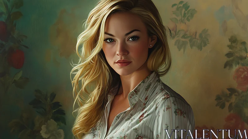 Blonde woman portrait against floral painted backdrop.