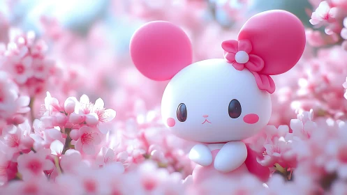 Kawaii bunny character nestles among dreamy cherry blossoms.