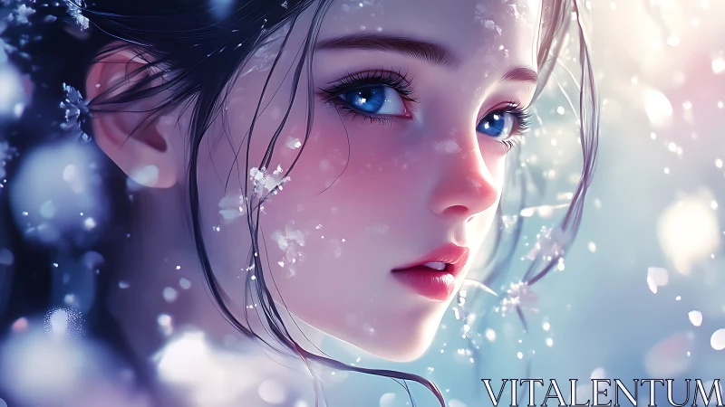 Anime winter close-up portrait with luminous snow bokeh.