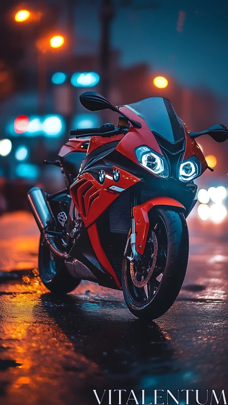 Sport motorcycle stands on wet neon street in cinematic bokeh