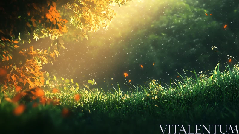 Sunlit forest edge with drifting leaves and quiet magic.