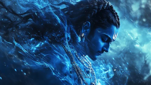 Celestial blue figure drifting in a river of quiet light.