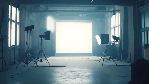 Industrial loft photo studio with glowing backlit wall.