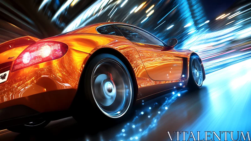 Orange sports coupe in motion through illuminated city street.