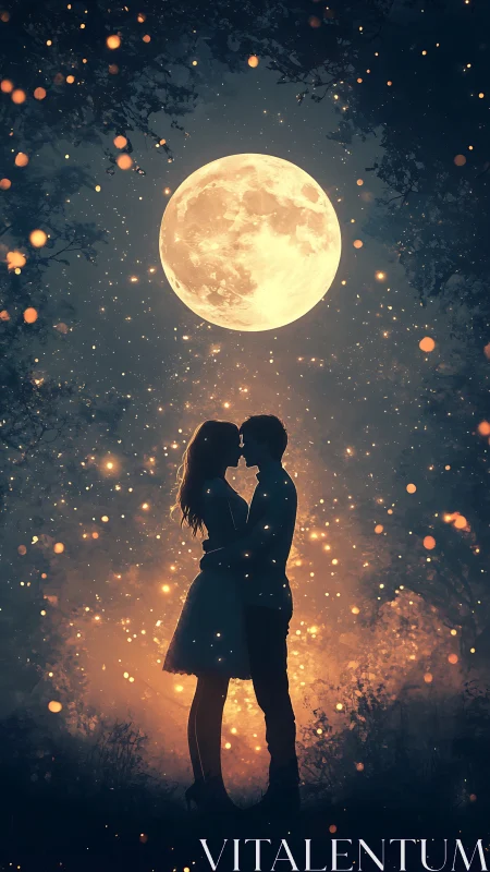 Silhouetted Couple Beneath Luminous Lunar Disk: Romantic Night Scene.