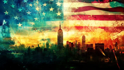 American flag over grunge New York skyline at sunset.