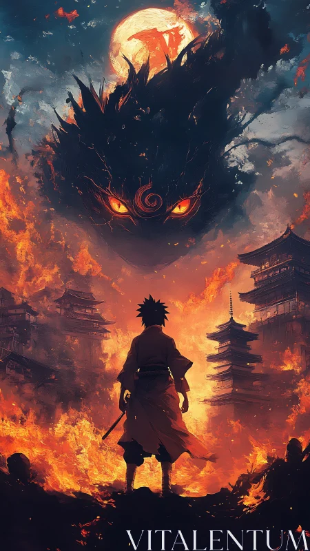 Samurai observes burning city under looming fiery entity
