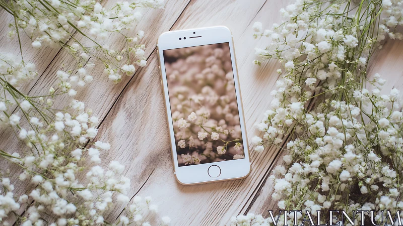 White smartphone displaying floral image surrounded by baby's breath flowers on wooden surface.