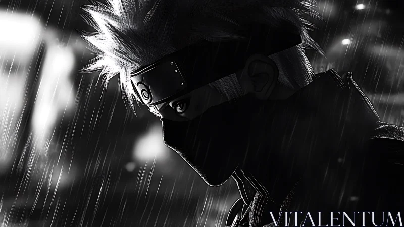 Masked anime ninja in dark rainy city closeup profile shot.