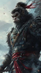 Armored simian warlord stands against a storm-laden sky