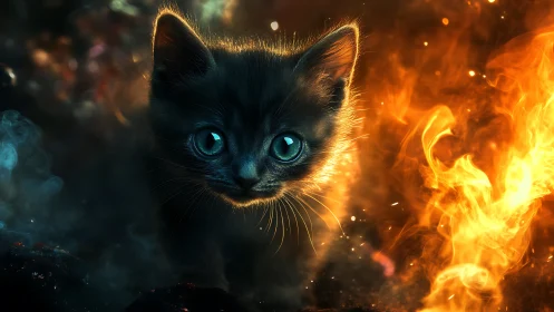 Ethereal Black Kitten with Luminous Blue Eyes Amid Apocalyptic Flames