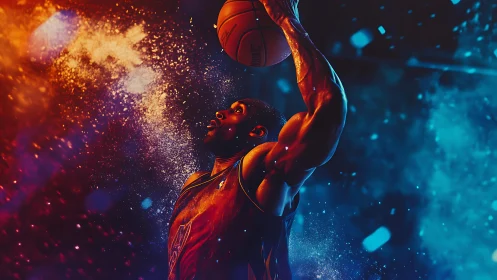 Digital painting of dynamic basketball dunk in dual lighting.
