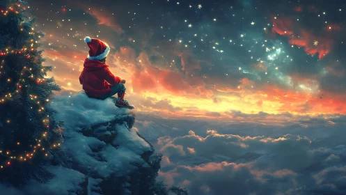 Child in red Santa coat watches glowing stars above clouds