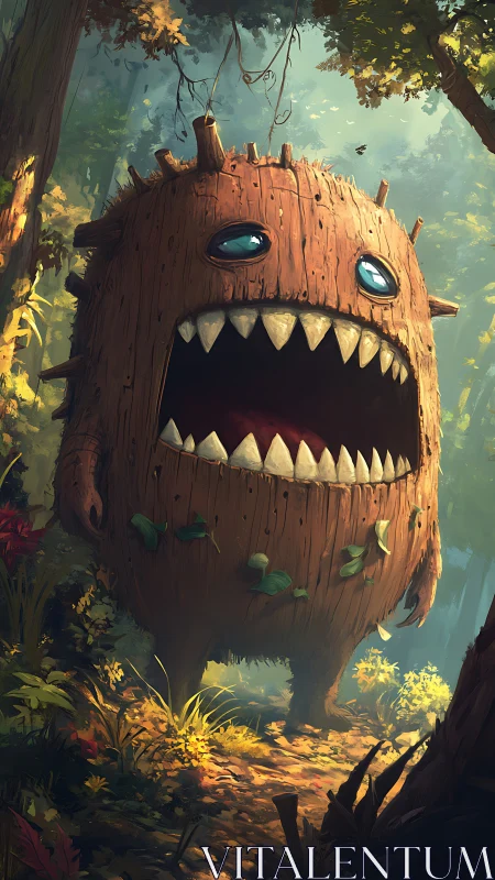 Wooden forest monster with carved maw and glossy eyes roaring