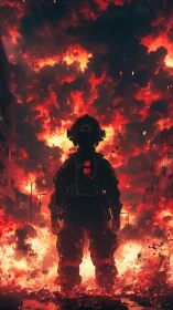 Silhouetted figure in protective gear amid urban conflagration