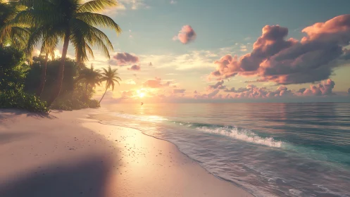 Tropical Beach at Sunset with Palm Trees and Calm Waters