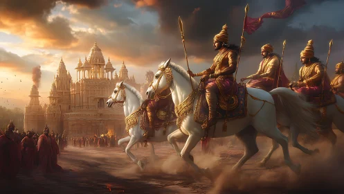 Warriors on white horses ride past ornate sandstone temple