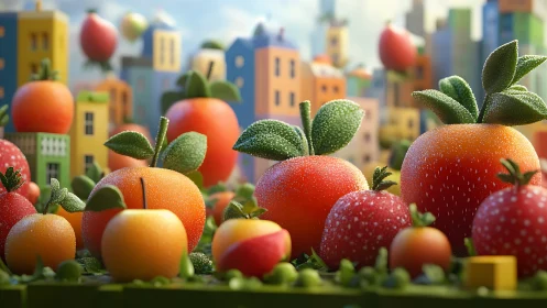 Playful dew-kissed fruit city sparkling in soft sunlight.