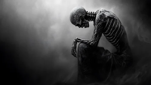Skeletal figure seated in fog, hunched in stark profile.