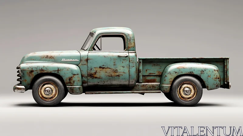 Rusty teal vintage pickup truck rendered in profile view