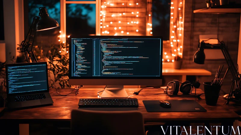 Dual-monitor coding workspace in dimly lit home office.