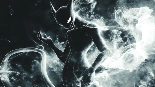 Silhouetted humanoid creature in swirling monochrome vapor.