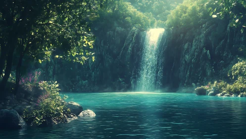 Sunlit forest waterfall pours into a tranquil turquoise pool