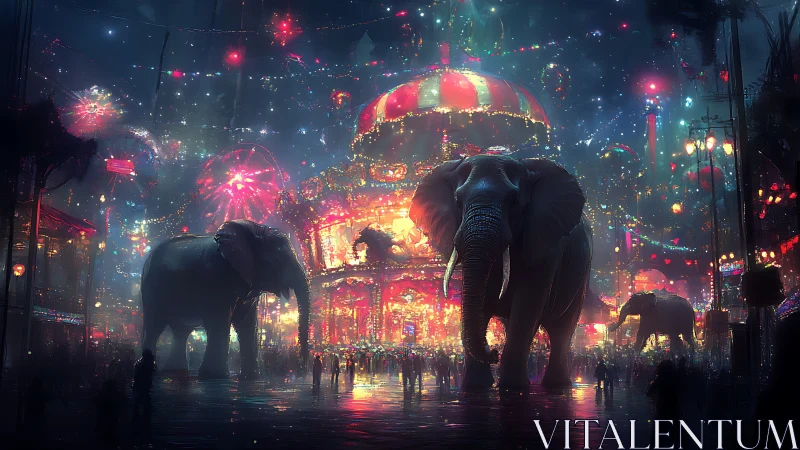 Elephants traverse neon carnival plaza amid dense atmospheric haze
