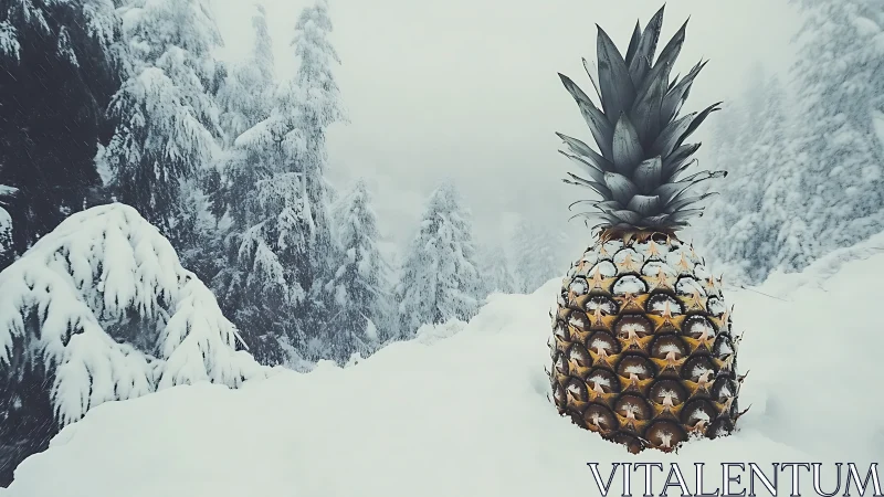Pineapple stands bright against deep winter snow forest.