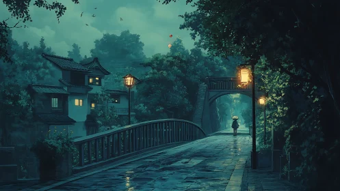 Rain-soaked riverside bridge at dusk rendered in digital painting