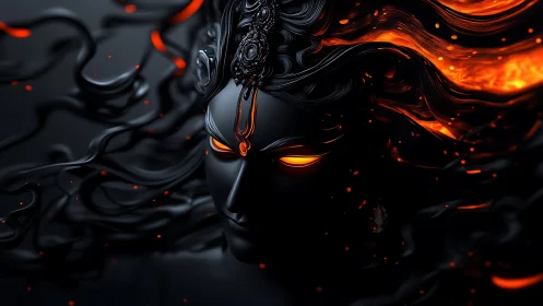 Volcanic-eyed obsidian deity with fluid thermoplastic hair.