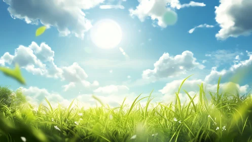 Sunlit summer meadow under bright blue, cloud brushed sky.