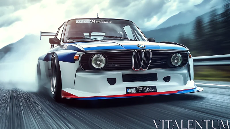 Speed-loving classic BMW race car charges through misty road