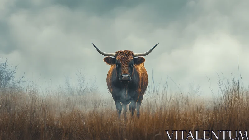 Longhorn bovine in misty steppe under diffused overcast sky.