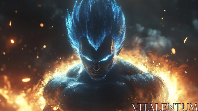 Blue haired energy warrior surrounded by glowing fire.