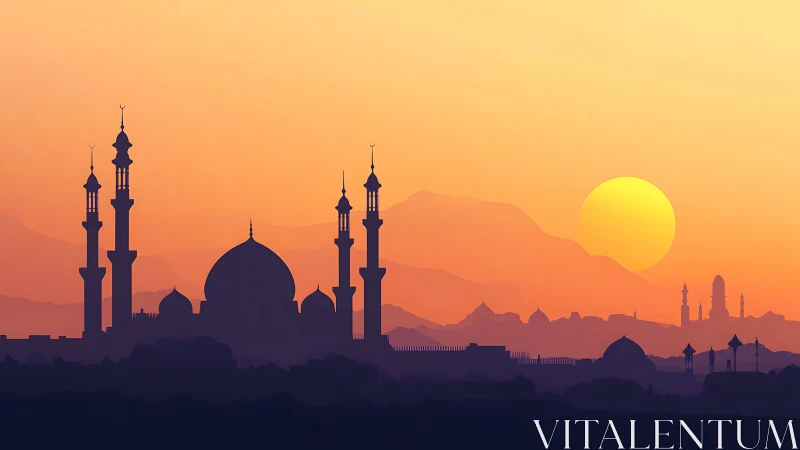 Sun-drenched minaret skyline bathing in molten apricot light.