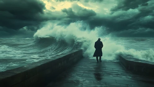 Solitary figure on stormy pier facing crashing ocean waves.