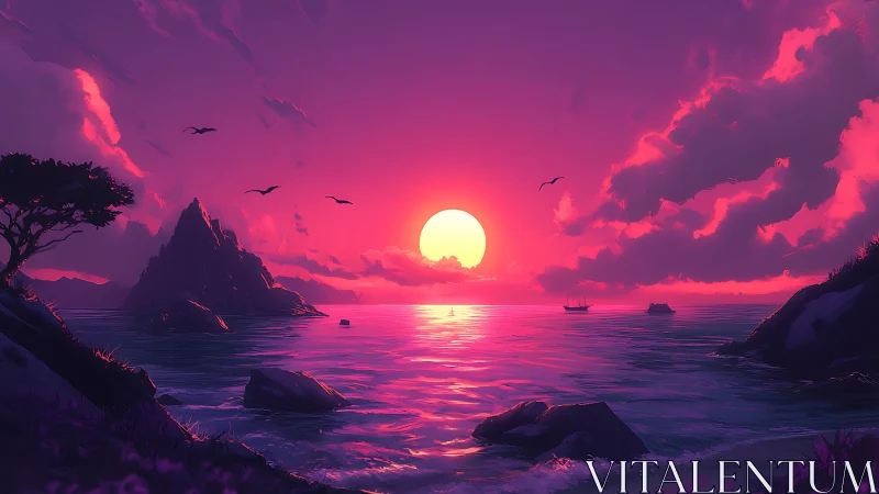 Vibrant magenta sunset illuminates tranquil island sea