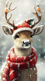 Digital painting of festive reindeer in winter portrait frame.