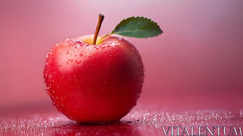 Red apple with leaf and water droplets on reflective surface.