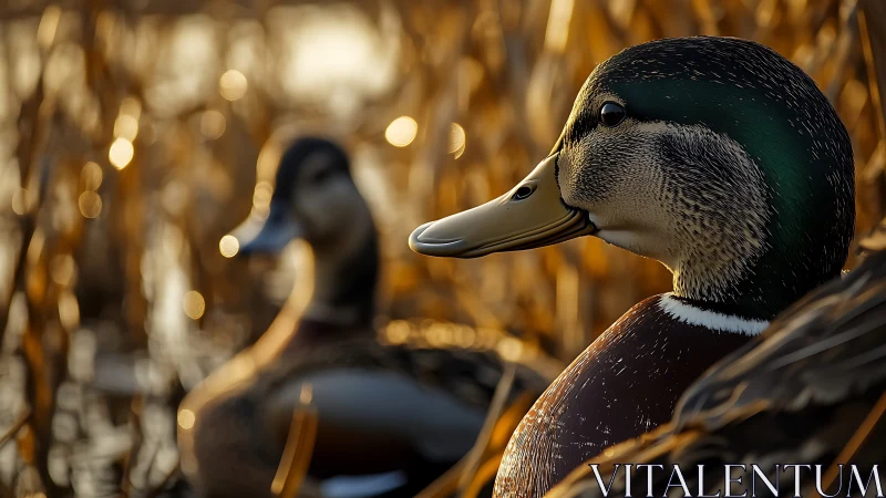Male mallard ducks resting in golden marsh light at dusk.