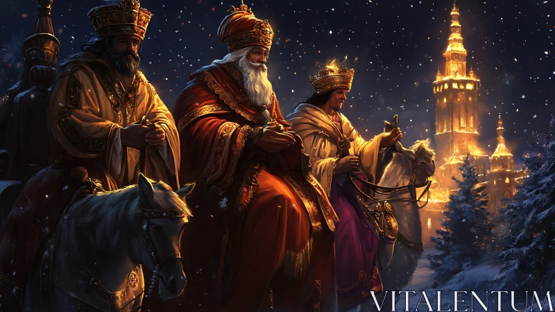 Three winter kings ride toward a lantern-lit golden city