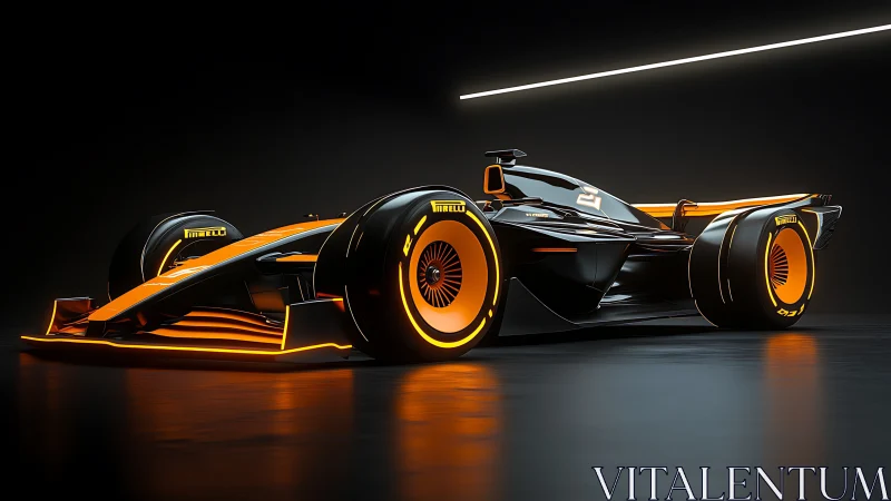 Futuristic single seater race car with neon orange trim in studio