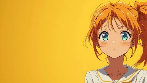 Orange haired anime girl on solid yellow background.