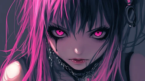 Neon magenta cyberpunk girl with intense gaze and metal chains