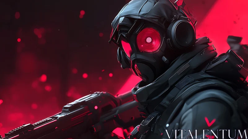Tactical soldier in red-lit environment with gas mask and rifle.