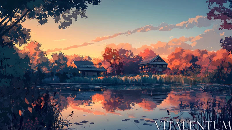 Autumn lakeside village at sunset with reflective still water